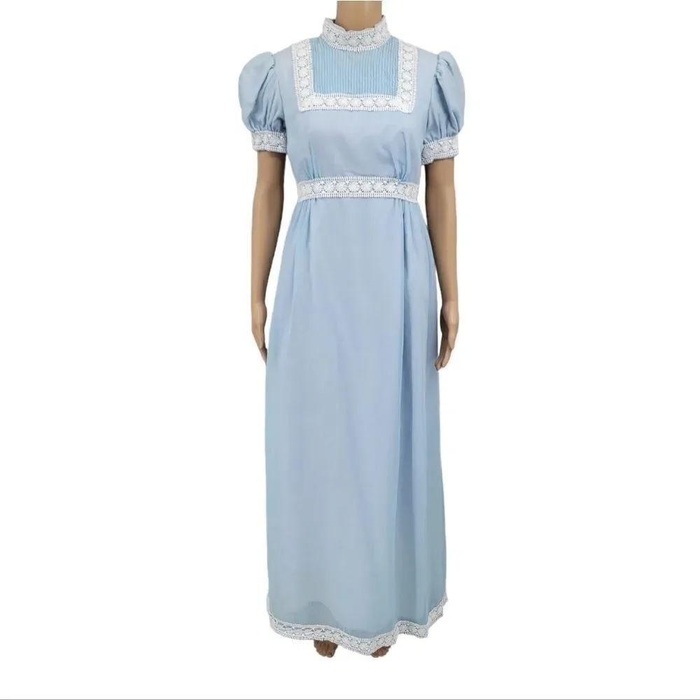 70s Does Regency Blue Maxi Dress Prarie Puffed Sleeves Union Made